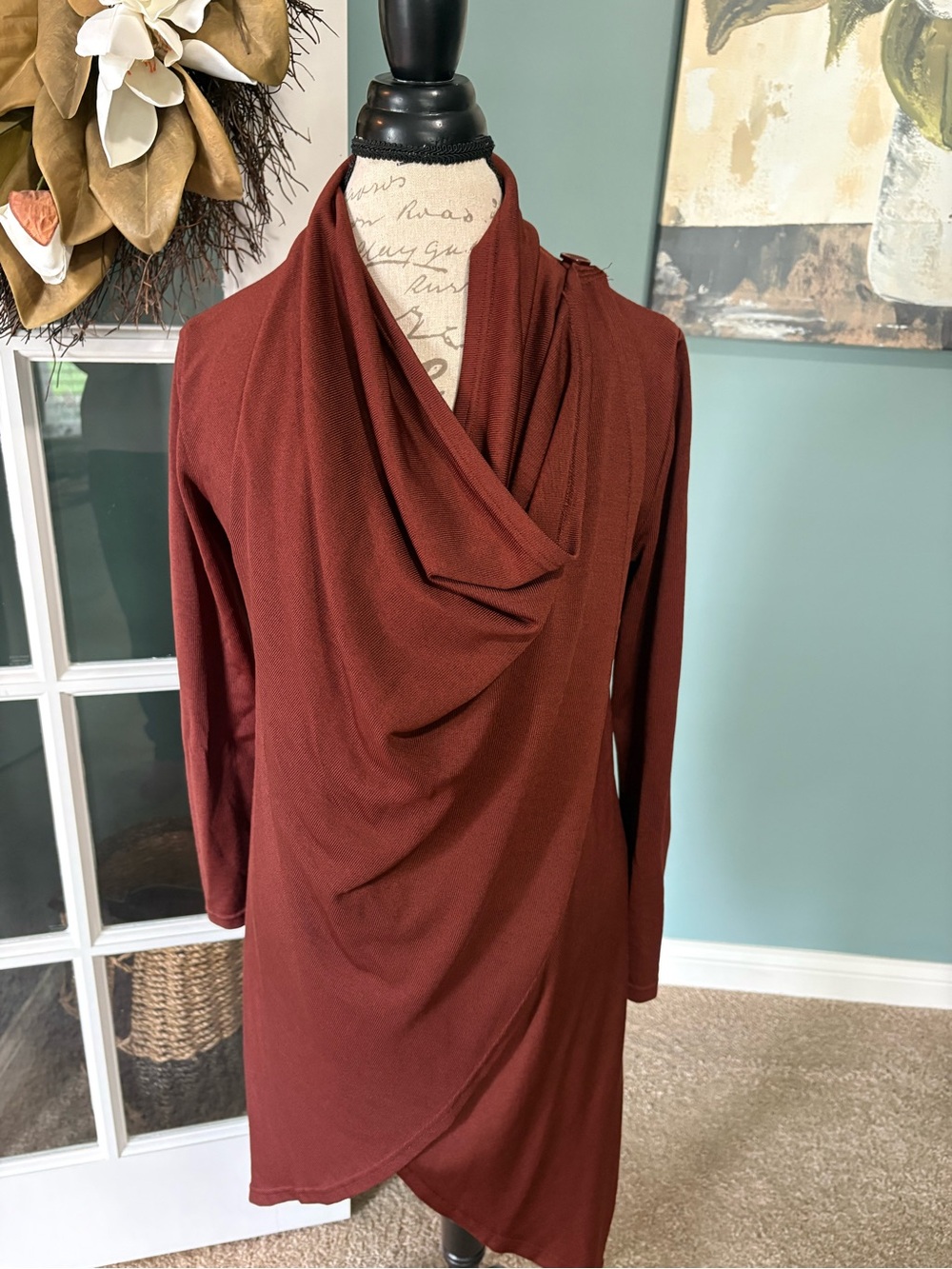 Papillon Rust Long Sleeve Draped Cowl Dress